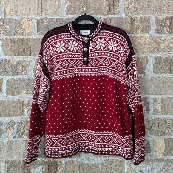 VTG 80s L.L. Bean Fair Isle Snowflake 100% Cotton Pullover Henley Sweater Small - Picture 1 of 7